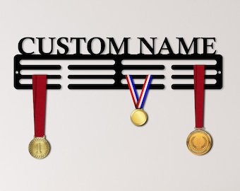 Custom Name Metal Medal Hanger,  12 Rungs for medals & Ribbons, Personalized Sports Medal Hanger, Medal Display Decor, Show Team Spirit