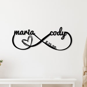 Letrero de pared metálico personalizado con el símbolo del infinito, con nombre personalizado, símbolo del infinito con corazón, fecha de boda personalizada, regalo de boda personalizado