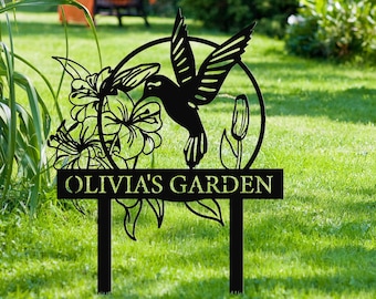 Benutzerdefinierte Kolibri Metall Gartendekor, Vogel mit Einsätzen Gartenschild, Blumendesign personalisiertes Gartenschild, benutzerdefiniertes Gartennamenschild, Geschenk für Zuhause