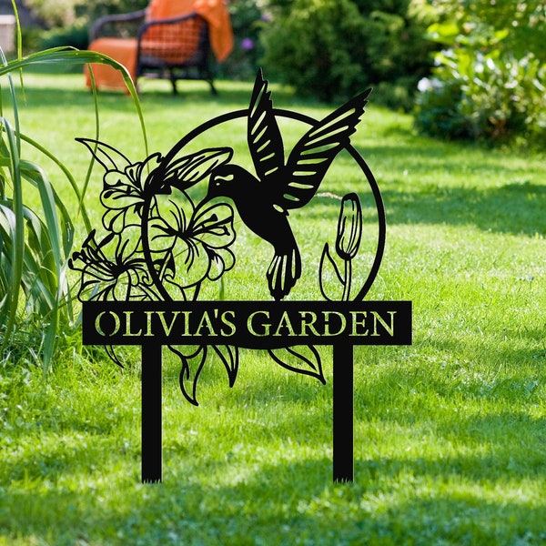 Benutzerdefinierte Kolibri Metall Gartendekor, Vogel mit Einsätzen Gartenschild, Blumendesign personalisiertes Gartenschild, benutzerdefiniertes Gartennamenschild, Geschenk für Zuhause