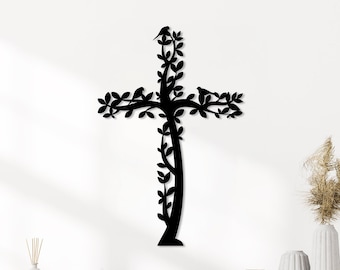 Cross Metal Wall Art, Tree and Birds Living Cross Hanging, Religious Home Accent, Jesus Metal Sign, Christian Wall Decor, Religious Gift,Art