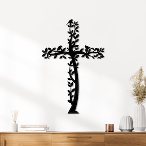 Cross Metal Wall Art, Tree and Birds Living Cross Hanging, Religious Home Accent, Jesus Metal Sign, Christian Wall Decor, Religious Gift,Art