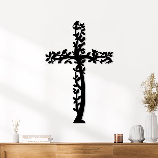 Kreuz Metall Wandkunst, Baum und Vögel leben Kreuz hängend, religiöses Zuhause Akzent, Jesus Metallschild, christliches Wand-Dekor, religiöses Geschenk, Kunst