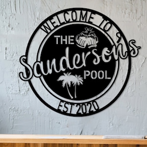Personalized Metal Poolside Sign, Custom Tropical Pool Sign, Patio Decor, Pool Bar Sign, Backyard Sign, Custom Welcome Sign, Tiki Bar Art