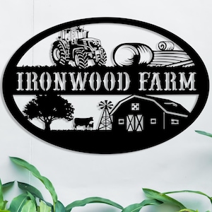 Personalized Metal Farm Sign, Large Outdoor Farm Sign, Farmville Gate Decor, Farm Art w/ Cow, Tractor, Rustic Home Decor, Large Barn Gift