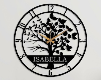 Custom Metal Tree of Life Wall Clock, Personalized Name Wall Clock, Oversize Silent Clock, New Home Gift, Tree Design Wall Clock, Clock Art