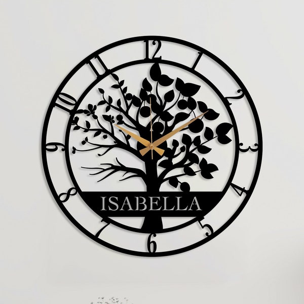 Custom Metal Tree of Life Wall Clock, Personalized Name Wall Clock, Oversize Silent Clock, New Home Gift, Tree Design Wall Clock, Clock Art