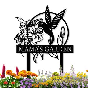 Custom Hummingbird Metal Garden Name Sign w Stake, Bird Yard Sign,Flower Design Personalized Garden Sign, Personalized Mother Home Gift