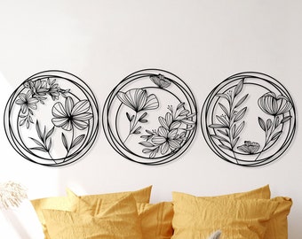 Metal Flowers Wall Art Set of 3, Unique Home Decor, 3 Pieces Wall Hanging, Above Bed Decor, Modern Design Decor, Spring Flowers Wall Art