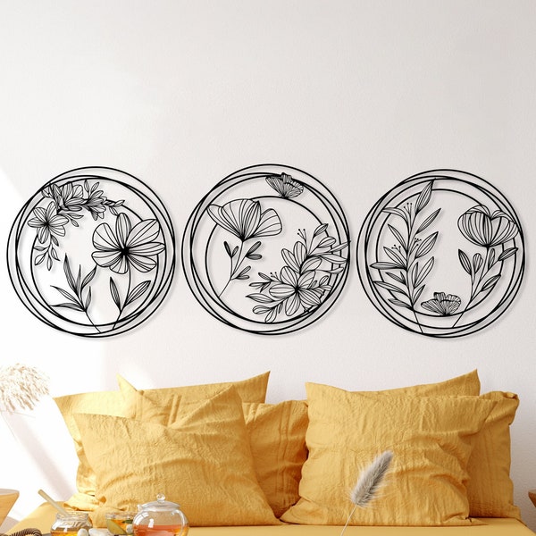 Set di 3 decorazioni da parete con fiori in metallo, decorazioni per la casa uniche, 3 pezzi da appendere alla parete, decorazioni sopra il letto, decorazioni dal design moderno, decorazioni da parete con fiori primaverili