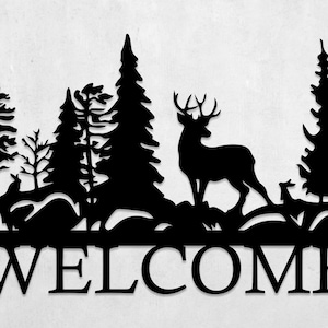 Cartello di benvenuto in metallo, grande decorazione naturale con foresta di alberi, cartello per porta d'ingresso, regalo di inaugurazione della casa, arredamento in stile rustico, regalo di chiusura per agente immobiliare, arte in baita