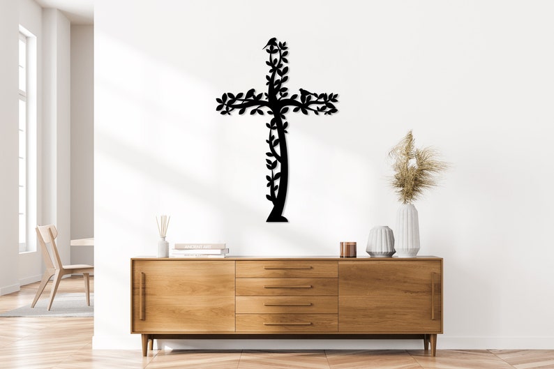 Cross Metal Wall Art, Tree and Birds Living Cross Hanging, Religious Home Accent, Jesus Metal Sign, Christian Wall Decor, Religious Gift,Art Black