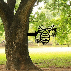 Beehive Honeybee Metal Tree Decor, Tree Branch Bee Art, Outdoor Tree Ornament, Farmhouse Gift, Rustic Cabin, Pollinator Sign, Beekeping Gift