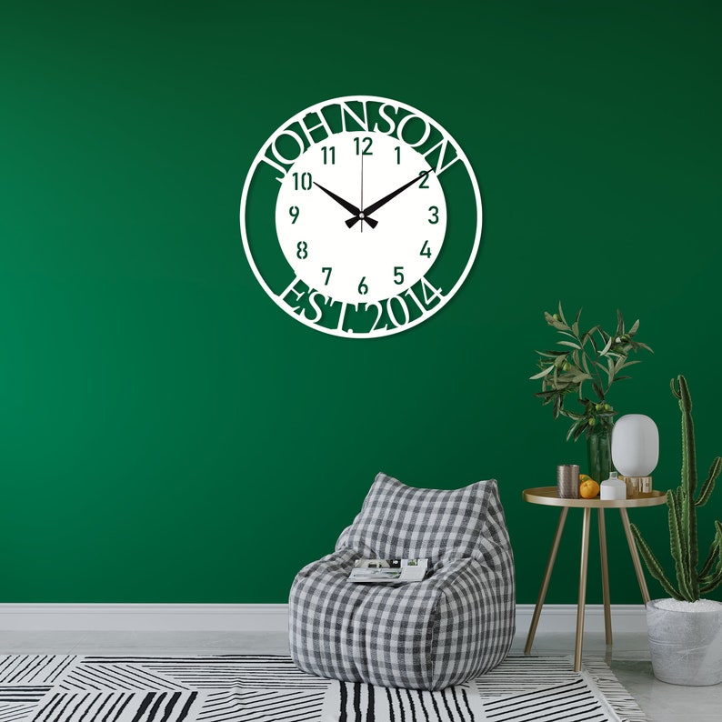 Custom Name and EST Large Metal Wall Clock, Silent Clock for Wall, Personalized Last Name Clock, New Home Gift, Oversize Clock, Family Gift White