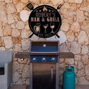 Personalized Bar And Grill Metal Sign, Custom Outdoor BBQ Sign, Rustic Grill Decor,Patio Mancave Wall Decor,Metal Outdoor Sign,Name Est Sign image 3