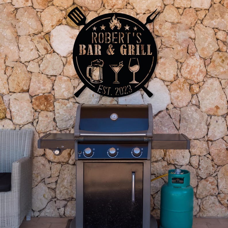 Personalized Bar And Grill Metal Sign, Custom Outdoor BBQ Sign, Rustic Grill Decor,Patio Mancave Wall Decor,Metal Outdoor Sign,Name Est Sign image 3
