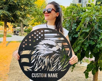 Custom Eagle US Flag Metal Sign, American Flag Gift, Personalized Name Sign,4th of July Gift,Bald Eagle Sign,Patriotic Wall Art,Veteran Gift