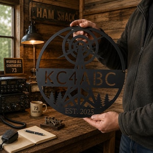 Round radio operator metal sign with antenna design