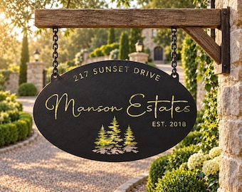 Personalized Oval Metal Sign Evergreen Tree Custom Door Plaque Address Sign Outdoor Family Name Marker Entrance Rustic Home Wall Gift Parent