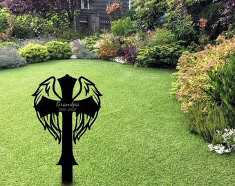 Custom Memorial Cross With Wings Metal Stake, Memorial Garden Decor, Personalized Angel Cross Signs, Outdoor Grave Markers, Sympathy Gift