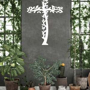 Cross Metal Wall Art, Tree and Birds Living Cross Hanging, Religious Home Accent, Jesus Metal Sign, Christian Wall Decor, Religious Gift,Art White