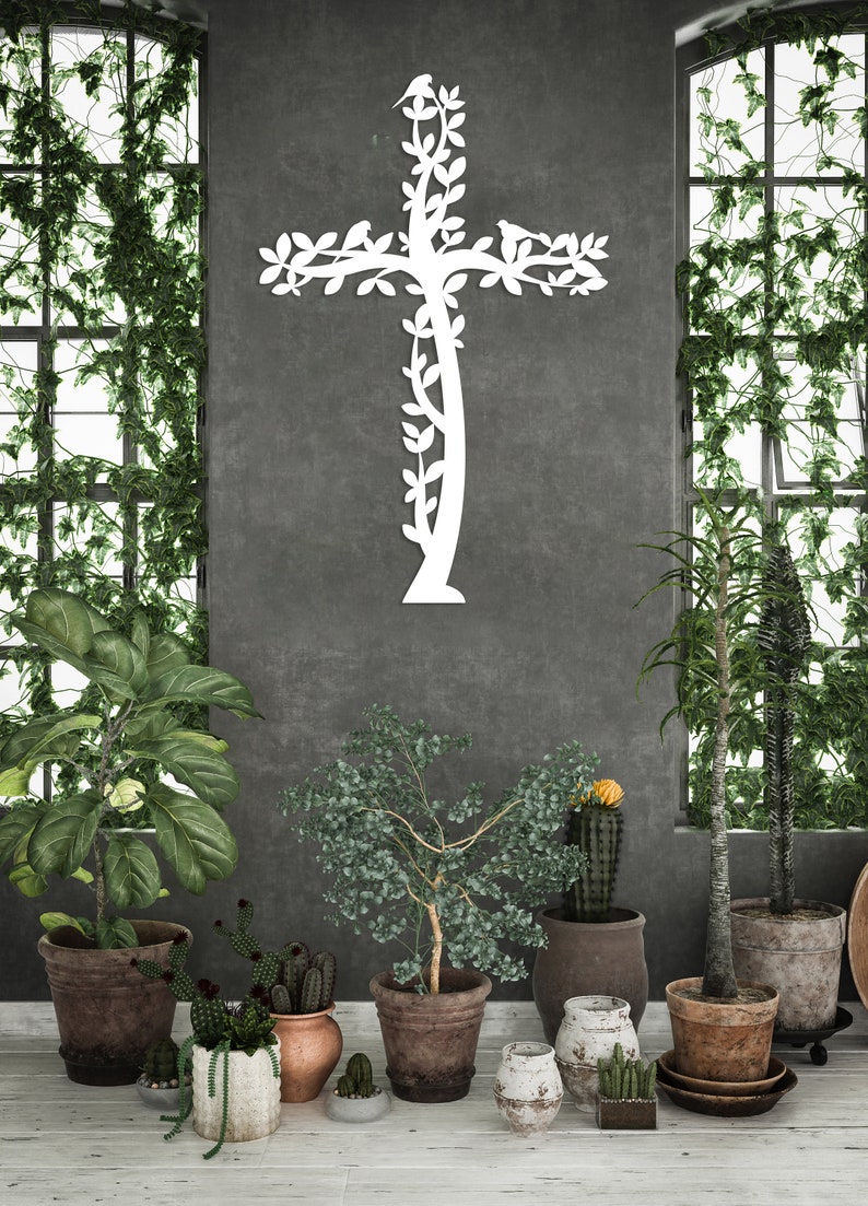 Cross Metal Wall Art, Tree and Birds Living Cross Hanging, Religious Home Accent, Jesus Metal Sign, Christian Wall Decor, Religious Gift,Art White