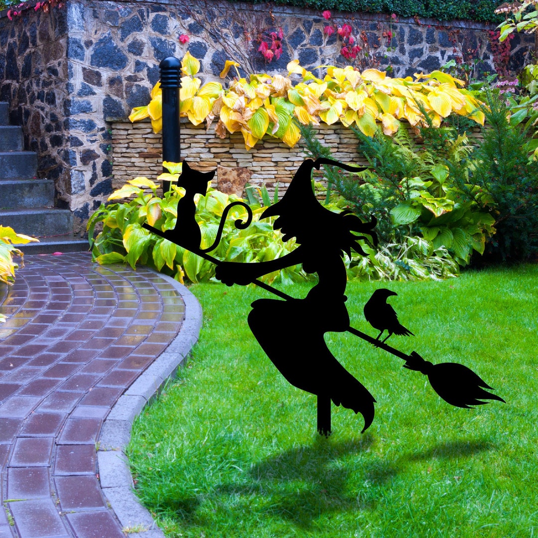 Witch With Broomstick Metal Garden Decor, Witch With Stakes Garden Sign ...