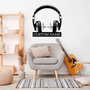 Custom Earphones Metal Wall Art, Personalized Headphones Decor, Musical Instrument, Music Lovers Gift,Sound Studio DJ Club Name Sign,Musical