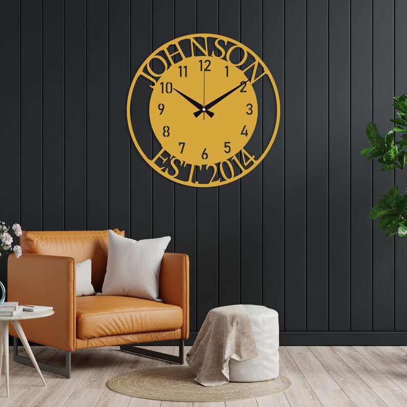 Custom Name and EST Large Metal Wall Clock, Silent Clock for Wall, Personalized Last Name Clock, New Home Gift, Oversize Clock, Family Gift Gold