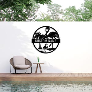 Custom Metal Flamingo Sign, Tropical Flamingo Sign, Personalized Gift, Patio Steel Decor, Outdoor Pool Sign,Lake House Gift,Beach Home Decor image 2