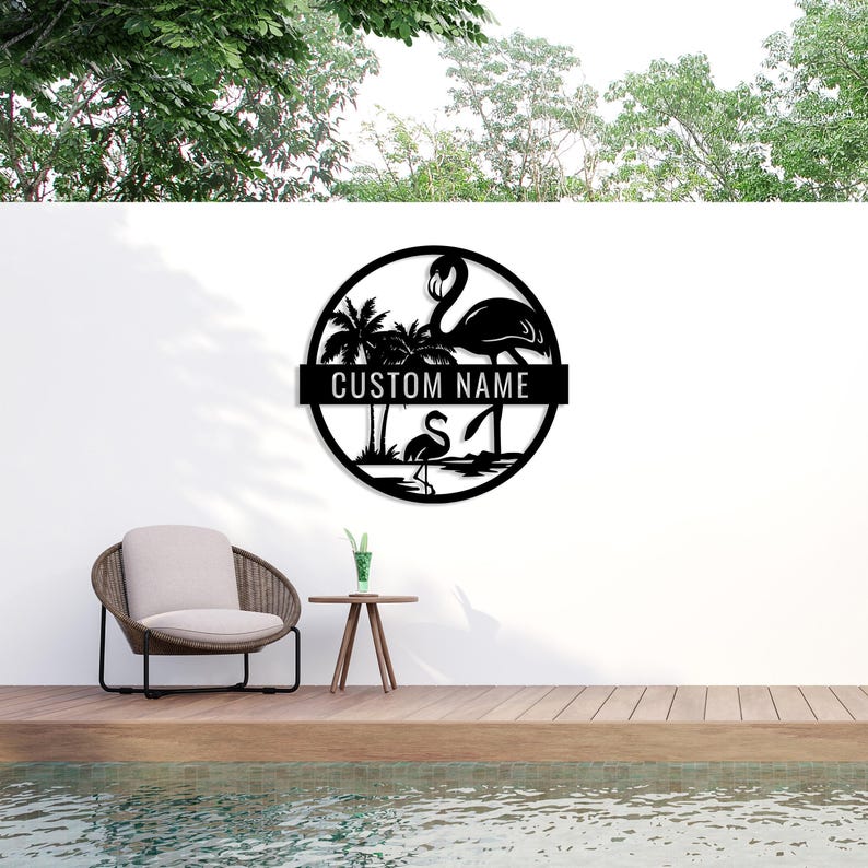 Custom Metal Flamingo Sign, Tropical Flamingo Sign, Personalized Gift, Patio Steel Decor, Outdoor Pool Sign,Lake House Gift,Beach Home Decor image 2