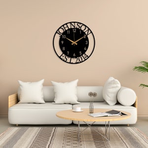 Custom Name and EST Large Metal Wall Clock, Silent Clock for Wall, Personalized Last Name Clock, New Home Gift, Oversize Clock, Family Gift image 2