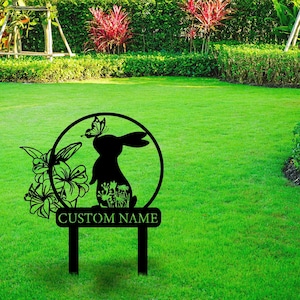 Custom Metal Rabbit and Flower Garden Stake, Bunny Garden Sign, Easter Rabbit Sign, Farm Animal Sign, Pet Grave Marker,Rabbit Sympathy Gift