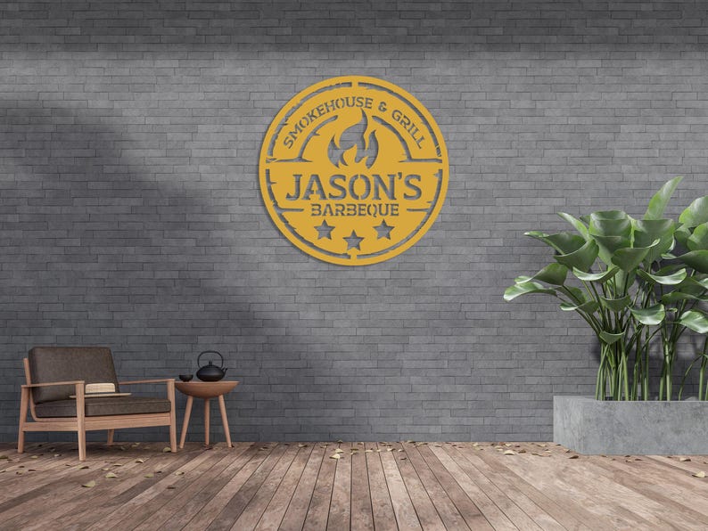 Cartello da parete per barbecue in metallo personalizzato, cartello per barbecue personalizzato, cartello per barbecue per esterni, cartello per barbecue di grandi dimensioni, regalo personalizzato, decorazione da parete per barbecue Gold