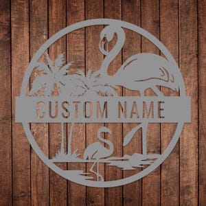 Custom Metal Flamingo Sign, Tropical Flamingo Sign, Personalized Gift, Patio Steel Decor, Outdoor Pool Sign,Lake House Gift,Beach Home Decor Silver