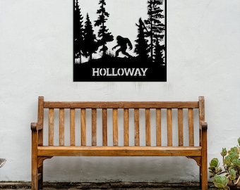 Letrero metálico personalizado con el nombre de Sasquatch, decoración para cabaña de Bigfoot, letrero para el bosque de Bigfoot, arte de metal para jardín, regalo personalizado, arte de gran tamaño para exteriores