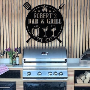 Personalized Bar And Grill Metal Sign, Custom Outdoor BBQ Sign, Rustic Grill Decor,Patio Mancave Wall Decor,Metal Outdoor Sign,Name Est Sign image 6