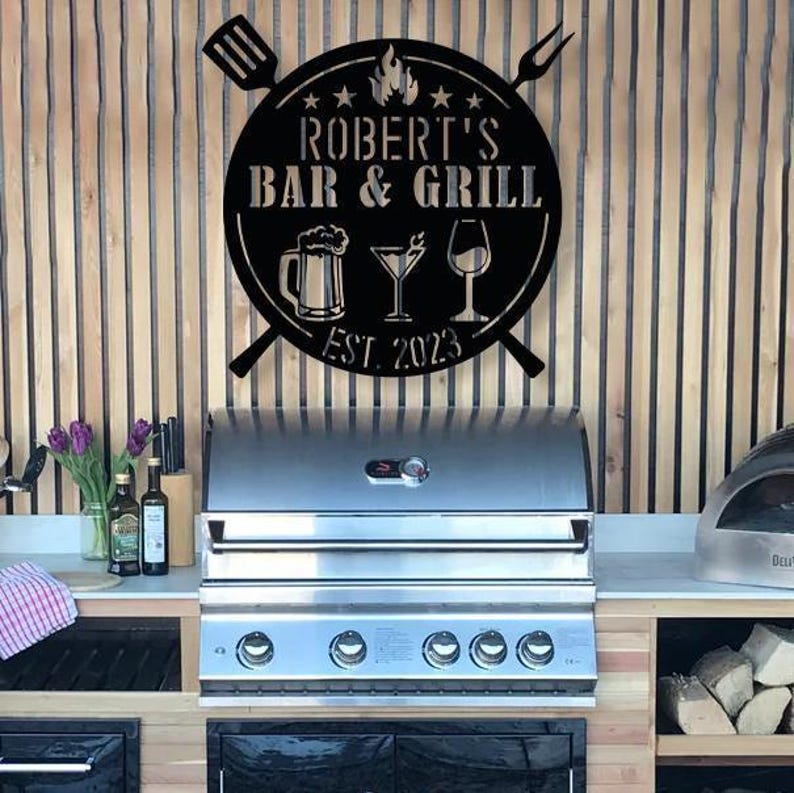 Personalized Bar And Grill Metal Sign, Custom Outdoor BBQ Sign, Rustic Grill Decor,Patio Mancave Wall Decor,Metal Outdoor Sign,Name Est Sign image 6