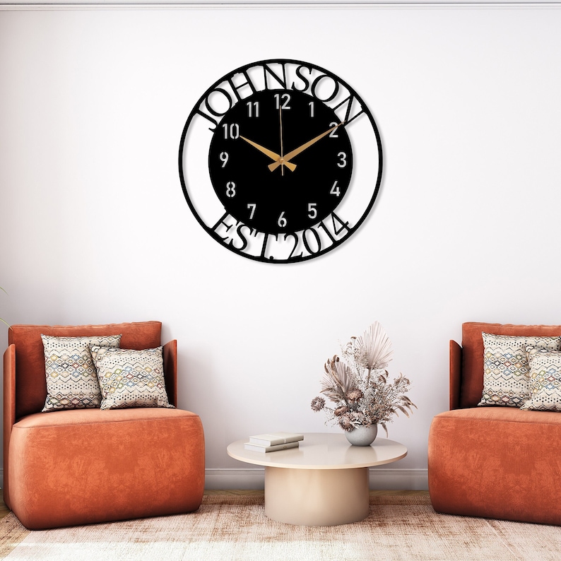 Custom Name and EST Large Metal Wall Clock, Silent Clock for Wall, Personalized Last Name Clock, New Home Gift, Oversize Clock, Family Gift Black