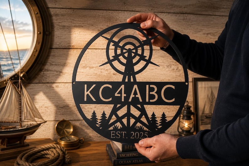 Radio tower sign with trees and custom text
