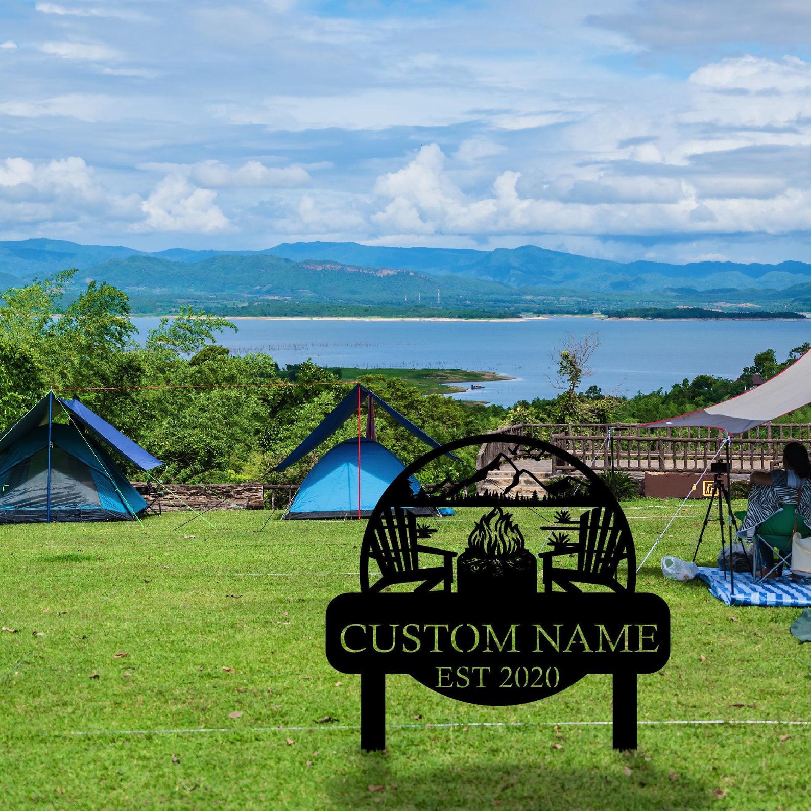 Custom Metal Campfire Sign with Stakes, Personalized Cabin Sign, Camp Decor, Outdoor Life Lovers Gift, Camp Name Sign, Farmhouse Decor Gift - 16” / 41 cm, Black