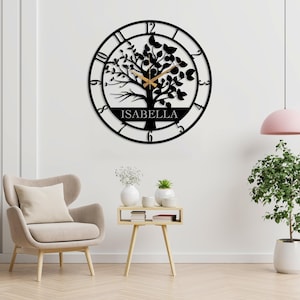 Reloj de pared de metal personalizado con el árbol de la vida, reloj de pared con nombre personalizado, reloj silencioso de gran tamaño, regalo para casa nueva, reloj de pared con diseño de árbol, reloj artístico