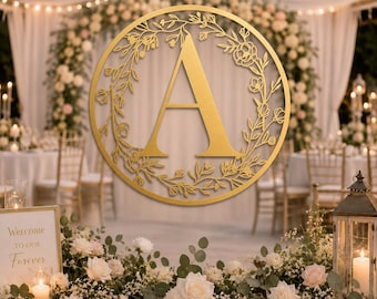 Personalized Floral Monogram Metal Sign, Custom Initial Round Plaque, Garden Home Decor, Wedding Family Name Backend, Outdoor Wedding