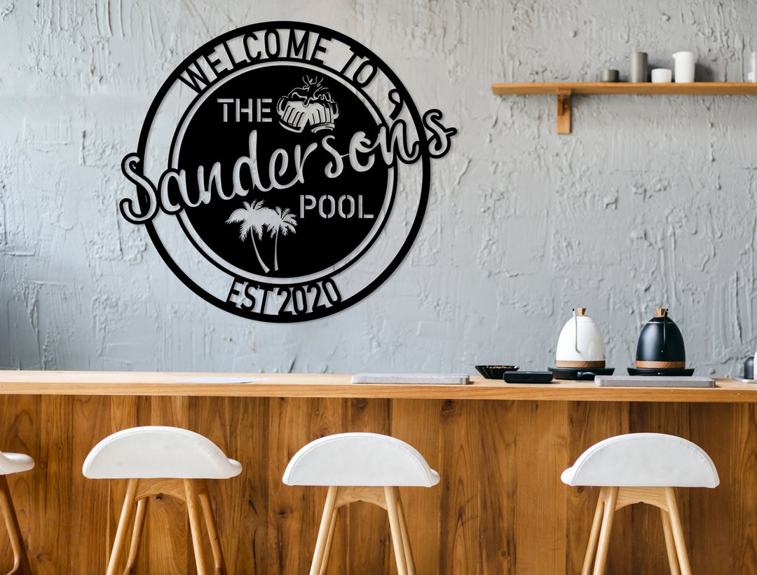 Personalized Metal Poolside Sign, Custom Tropical Pool Sign, Patio Decor, Pool Bar Sign