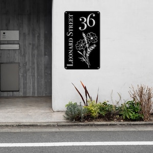 Placa de endereço personalizada em metal com estampa floral, placa vertical com número de endereço, placa minimalista, placa com número da casa, presente de boas-vindas, número da porta
