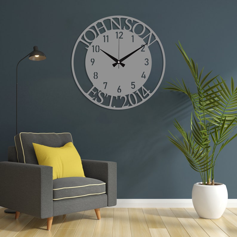 Custom Name and EST Large Metal Wall Clock, Silent Clock for Wall, Personalized Last Name Clock, New Home Gift, Oversize Clock, Family Gift Silver