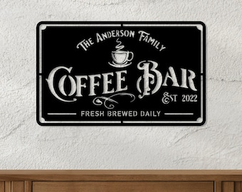 Letrero metálico personalizado para cafetería, letrero con nombre de familia personalizado, letrero de cafetería, decoración de pared para cocina, regalo para amantes del café, colgante de pared con café