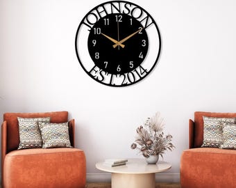 Custom Name and EST Large Metal Wall Clock, Silent Clock for Wall, Personalized Last Name Clock, New Home Gift, Oversize Clock, Family Gift