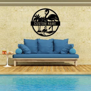 Custom Metal Flamingo Sign, Tropical Flamingo Sign, Personalized Gift, Patio Steel Decor, Outdoor Pool Sign,Lake House Gift,Beach Home Decor image 3