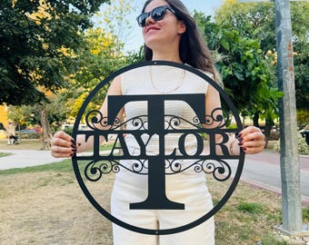 Personalized Metal Monogram Name Sign, Custom Family Name Sign, Monogram Art Decor, Front Door Metal Wreath Hanger,Round Last Name Sign Gift